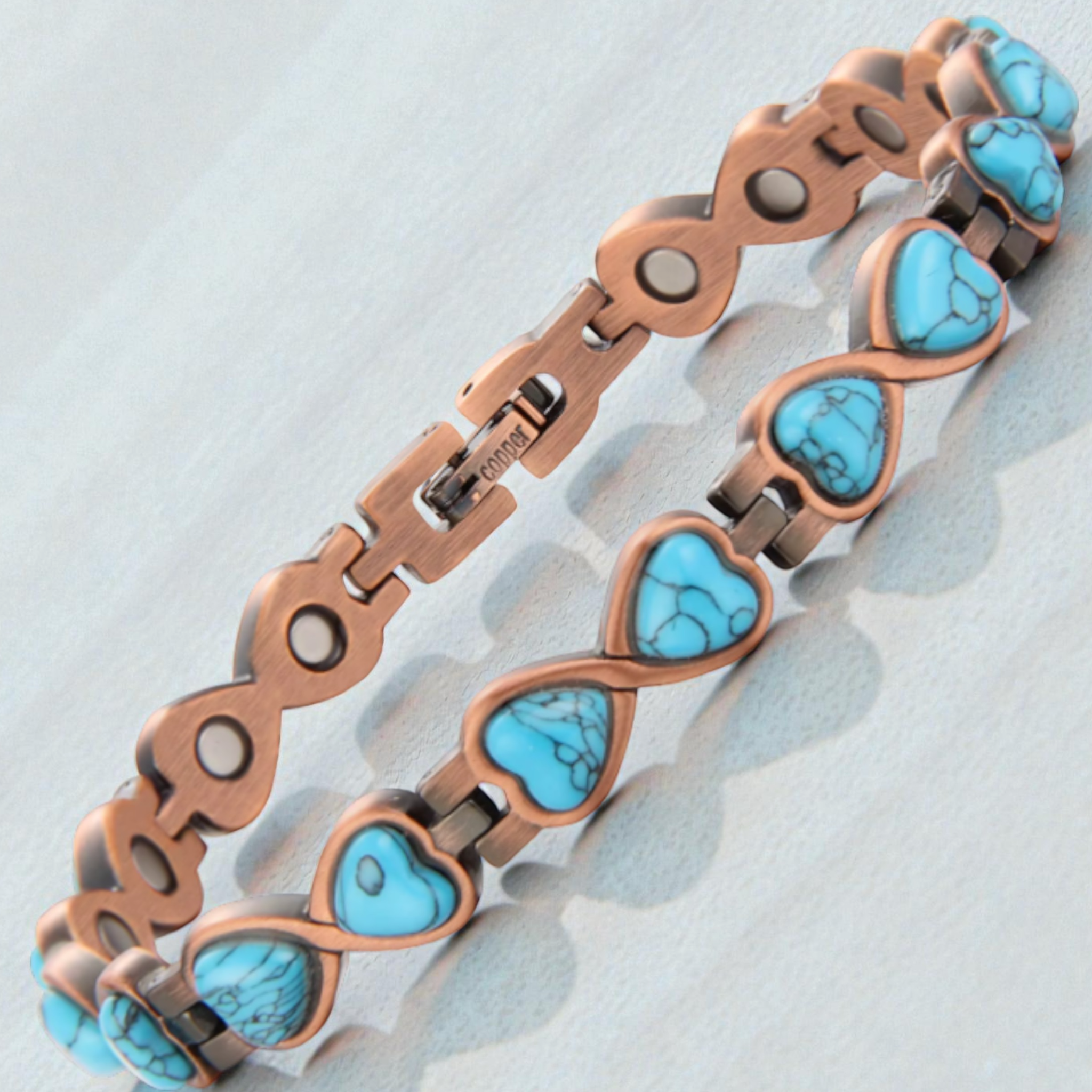 Bransoletka Miedziana Damska Z Turkusem Kształt Serca Z Magnesami Zdrowotna
