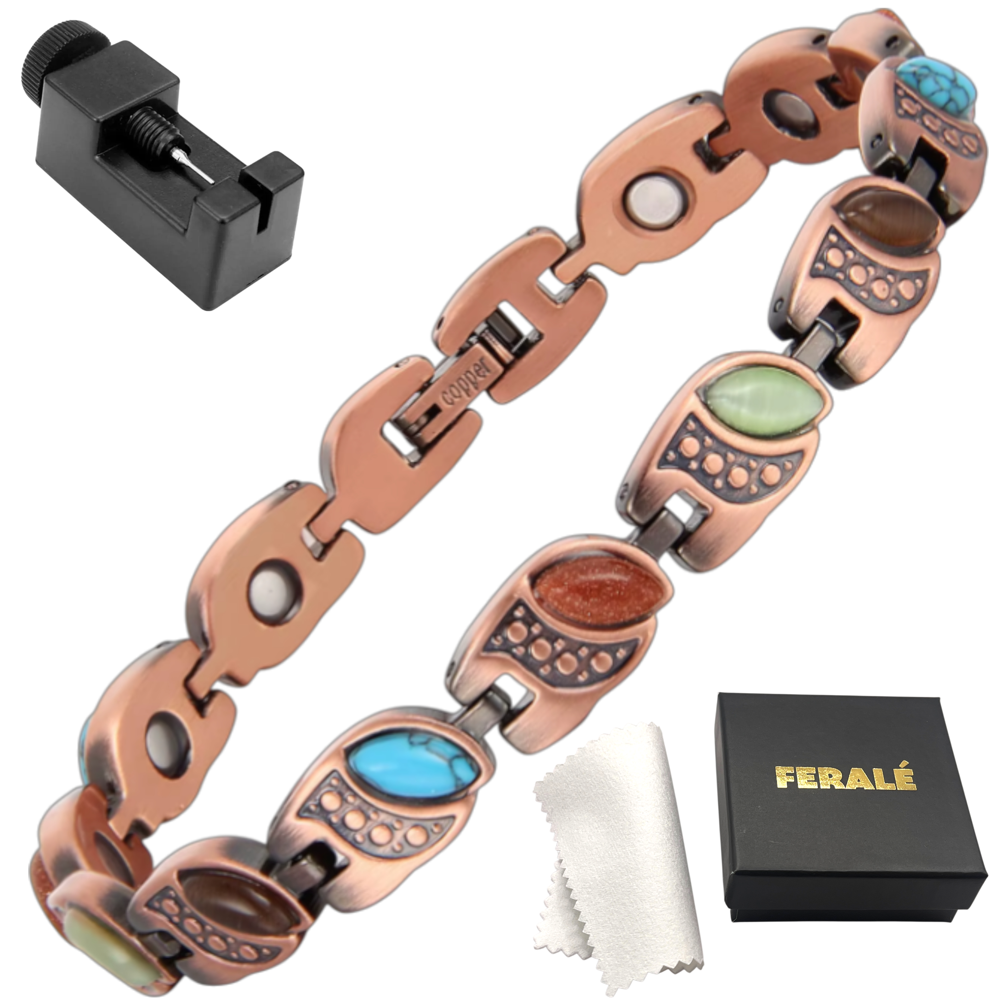 Bransoletka Miedziana Z Magnesami I Kamieniami Naturalnymi Listki Turkus Kamień Pustyni