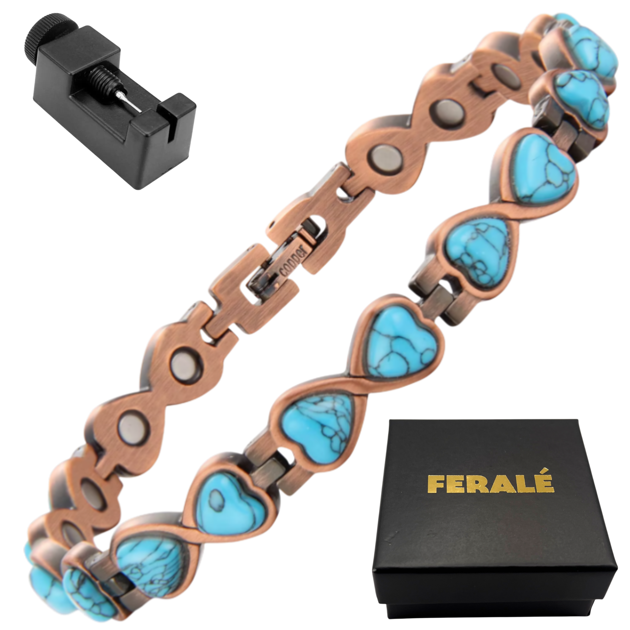 Bransoletka Miedziana Damska Z Turkusem Kształt Serca Z Magnesami Zdrowotna