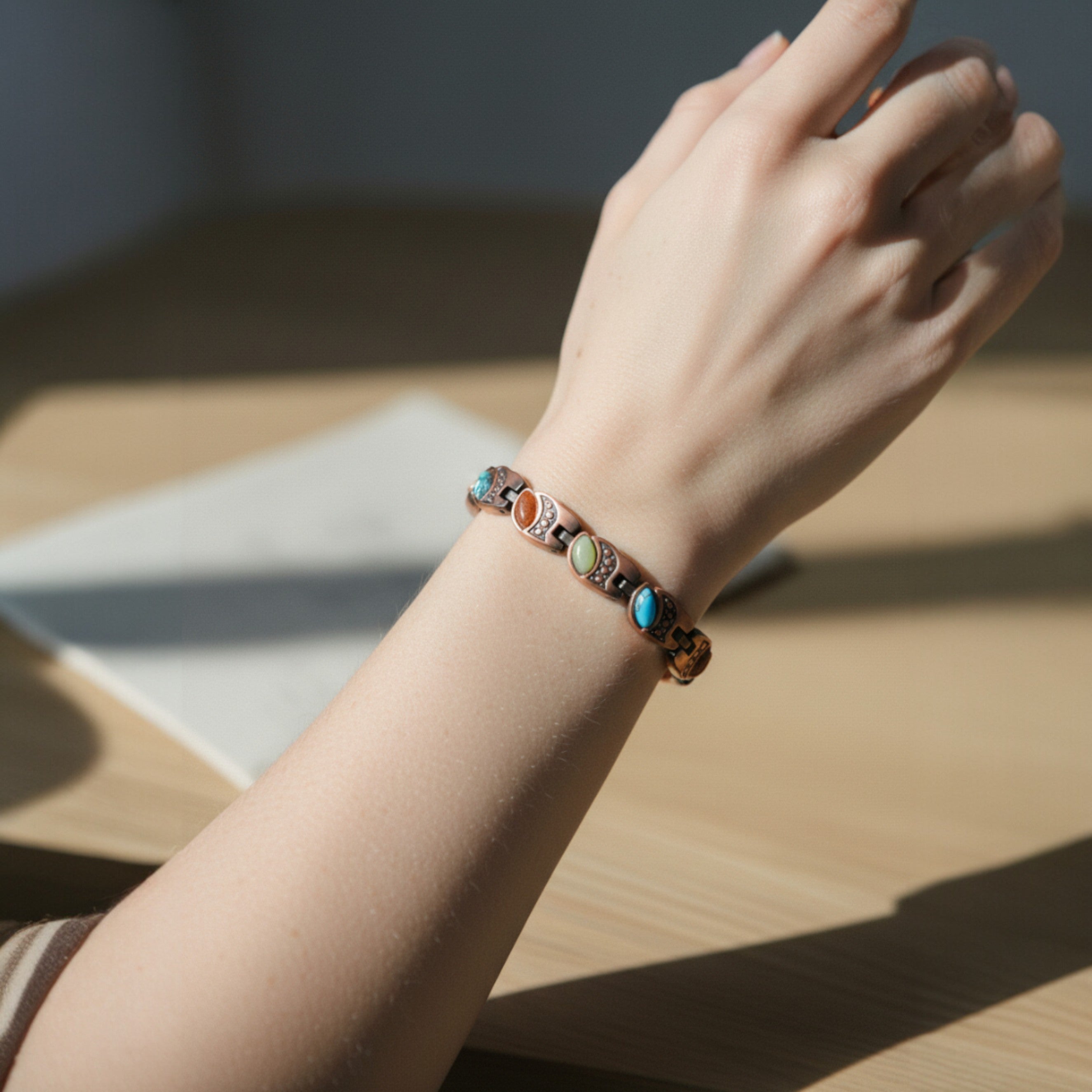 Bransoletka Miedziana Z Magnesami I Kamieniami Naturalnymi Listki Turkus Kamień Pustyni